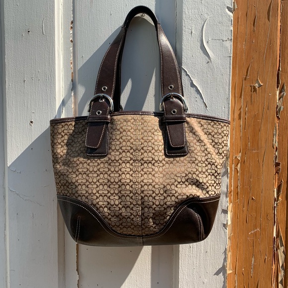 Coach brown logo fabric bag with brown leather - Picture 3 of 8